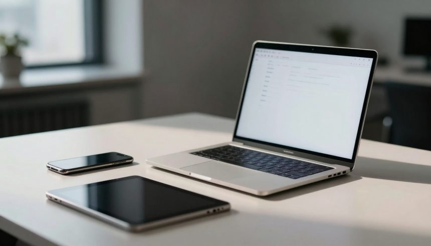 A laptop with an open screen displaying a blank email interface sits on a white desk. Nearby are a smartphone and a tablet, both with dark screens. There's a blurred background with a window and a plant.