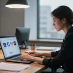 A woman in a dark blazer works on a laptop at a wooden desk, displaying social media icons. She is in a modern office with large windows. A coffee cup and documents are on the desk.