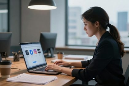 A woman in a dark blazer works on a laptop at a wooden desk, displaying social media icons. She is in a modern office with large windows. A coffee cup and documents are on the desk.