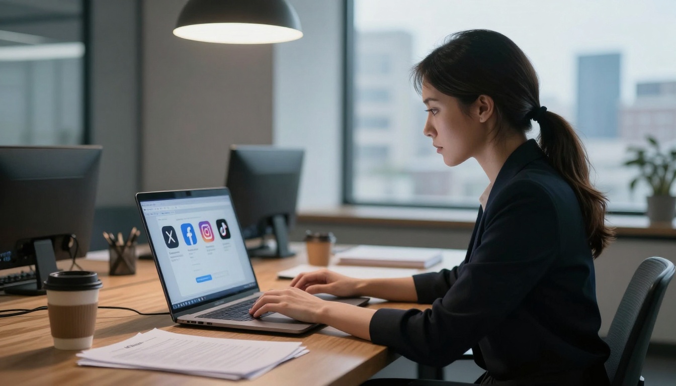 A woman in a dark blazer works on a laptop at a wooden desk, displaying social media icons. She is in a modern office with large windows. A coffee cup and documents are on the desk.
