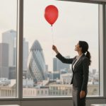 A woman in a suit holds a red balloon by a window in an office, overlooking a cityscape with modern buildings and the Gherkin in view.