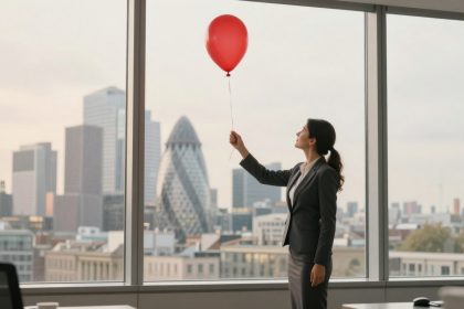 A woman in a suit holds a red balloon by a window in an office, overlooking a cityscape with modern buildings and the Gherkin in view.