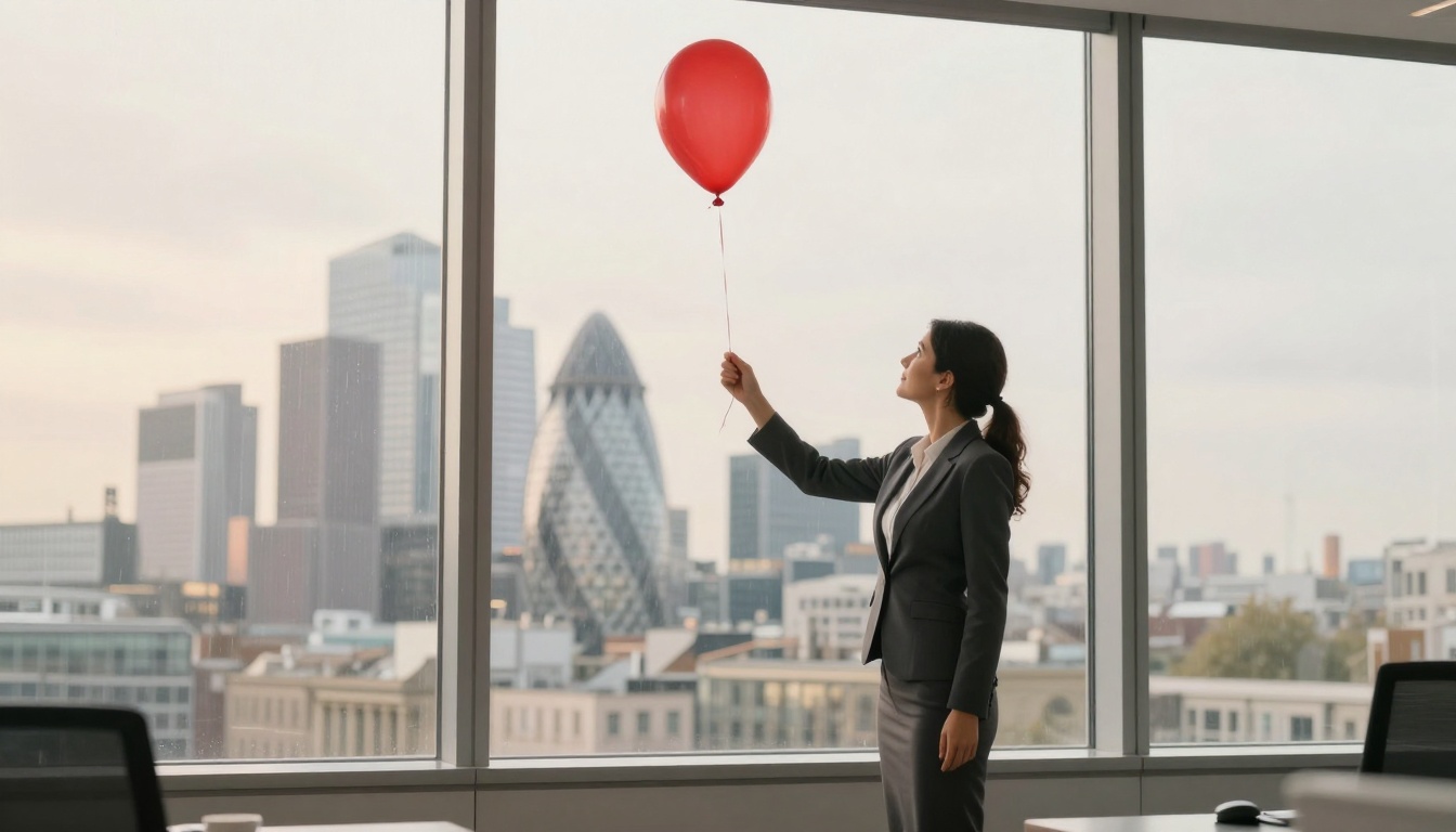 A woman in a suit holds a red balloon by a window in an office, overlooking a cityscape with modern buildings and the Gherkin in view.