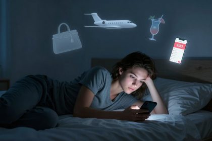 A woman lies on a bed in a dark room, looking at her smartphone. Holographic images of a handbag, airplane, cocktail, and a floating smartphone with a financial app screen appear above her.