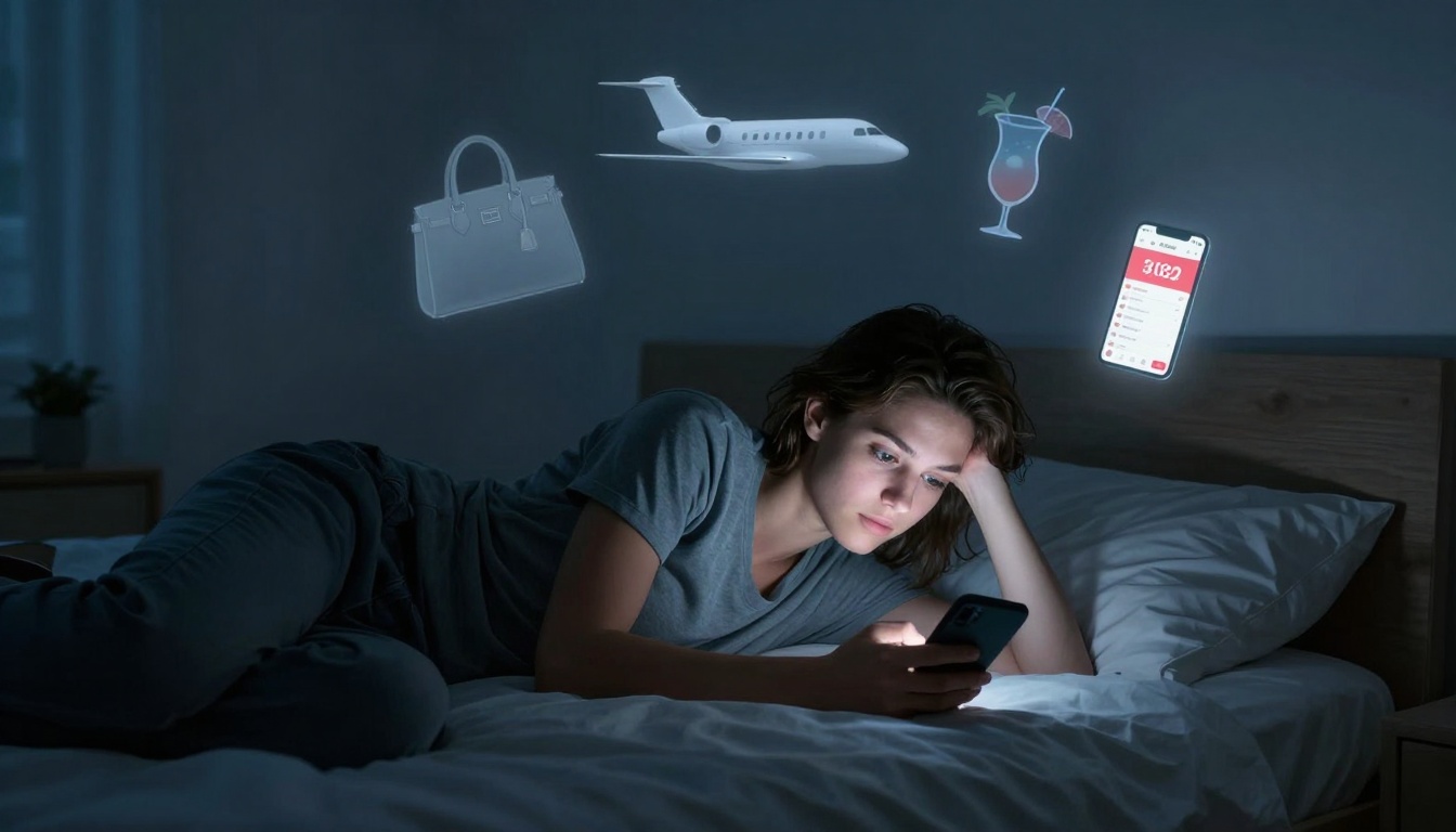 A woman lies on a bed in a dark room, looking at her smartphone. Holographic images of a handbag, airplane, cocktail, and a floating smartphone with a financial app screen appear above her.
