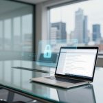 A laptop displaying text is on a glass conference table in a modern office. A holographic lock icon appears above the keyboard, symbolizing data security. Large windows reveal a cityscape in the background.