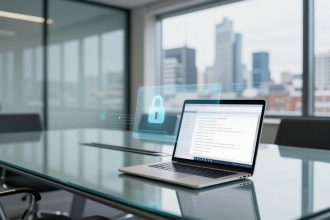 A laptop displaying text is on a glass conference table in a modern office. A holographic lock icon appears above the keyboard, symbolizing data security. Large windows reveal a cityscape in the background.