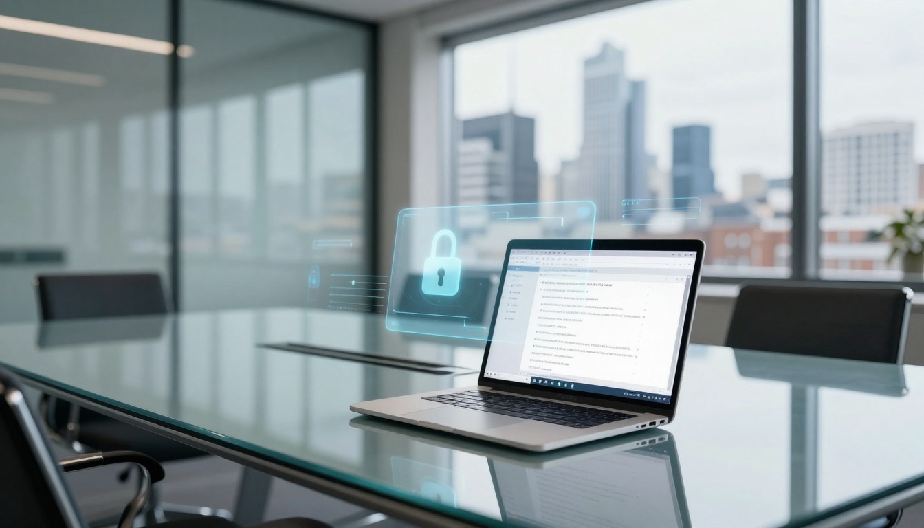 A laptop displaying text is on a glass conference table in a modern office. A holographic lock icon appears above the keyboard, symbolizing data security. Large windows reveal a cityscape in the background.