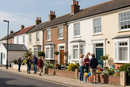 Terraced houses with brick and cream facades line a street. Two groups of people stand talking on the sidewalk. Gardens have potted plants and toys.