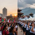 The image is split into two scenes. The left shows a crowd of people holding Nepalese flags in an urban setting at sunset, with tall buildings in the background. The right depicts students in uniform marching with raised fists and smoke in the background, set against traditional architecture and mountains.