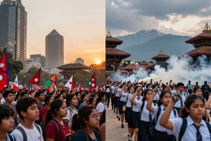 The image is split into two scenes. The left shows a crowd of people holding Nepalese flags in an urban setting at sunset, with tall buildings in the background. The right depicts students in uniform marching with raised fists and smoke in the background, set against traditional architecture and mountains.