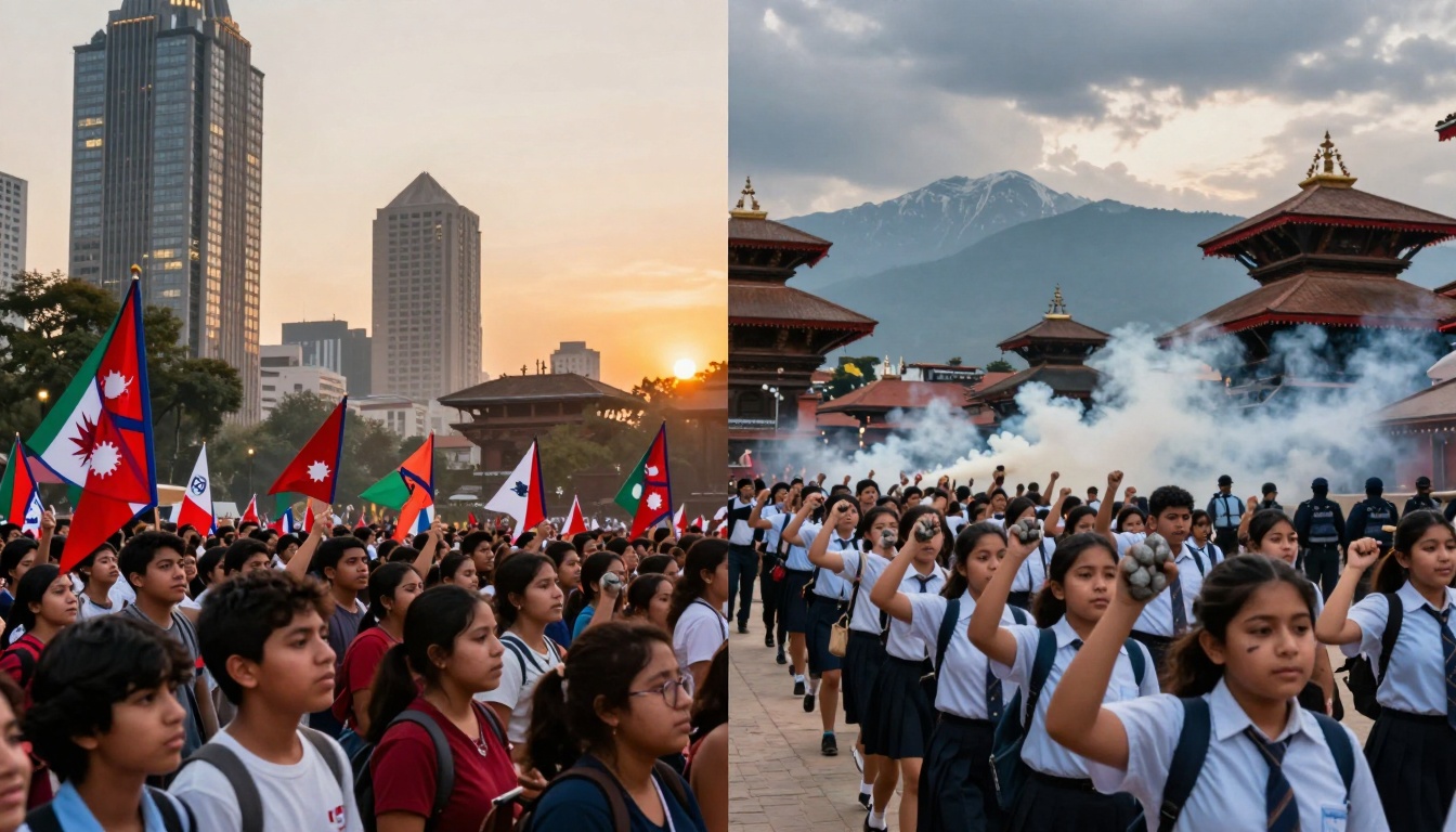 The image is split into two scenes. The left shows a crowd of people holding Nepalese flags in an urban setting at sunset, with tall buildings in the background. The right depicts students in uniform marching with raised fists and smoke in the background, set against traditional architecture and mountains.