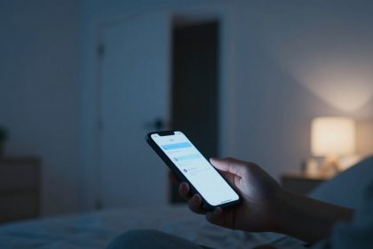 A person holds a smartphone in a dimly lit bedroom. The phone screen displays a messaging app. A blurred lamp glows softly in the background.