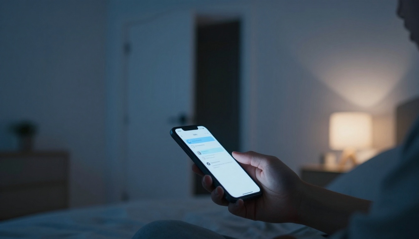 A person holds a smartphone in a dimly lit bedroom. The phone screen displays a messaging app. A blurred lamp glows softly in the background.