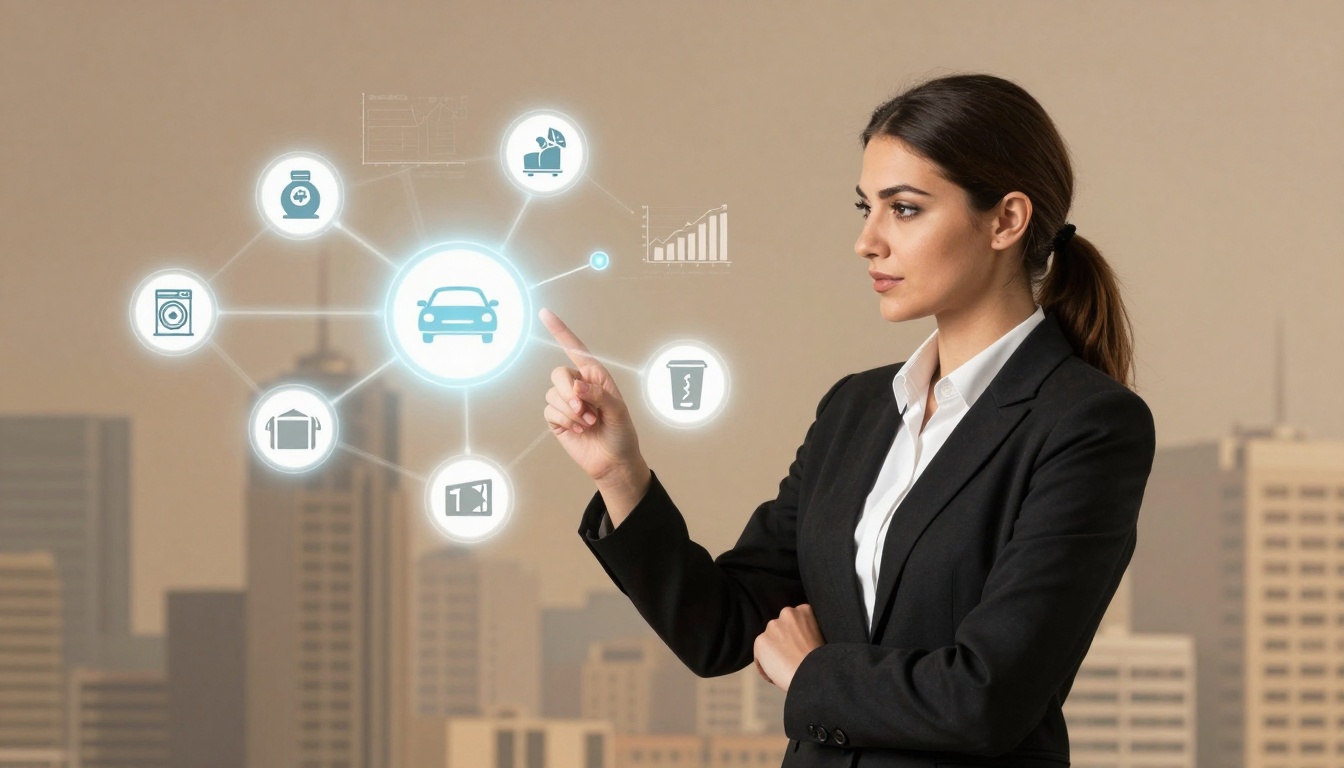 A woman in a black suit interacts with a virtual interface displaying glowing icons, including a car, house, and bar chart, against a cityscape background.