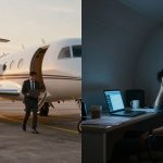 Left side: A man in a suit walks away from a private jet holding a laptop at sunset. Right side: A man in a dimly lit room sits at a desk, looking tired, in front of a laptop with a mug nearby.
