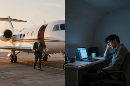 Left side: A man in a suit walks away from a private jet holding a laptop at sunset. Right side: A man in a dimly lit room sits at a desk, looking tired, in front of a laptop with a mug nearby.