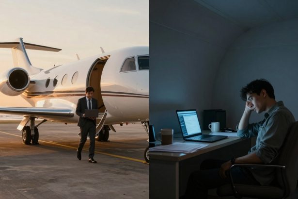 Left side: A man in a suit walks away from a private jet holding a laptop at sunset. Right side: A man in a dimly lit room sits at a desk, looking tired, in front of a laptop with a mug nearby.