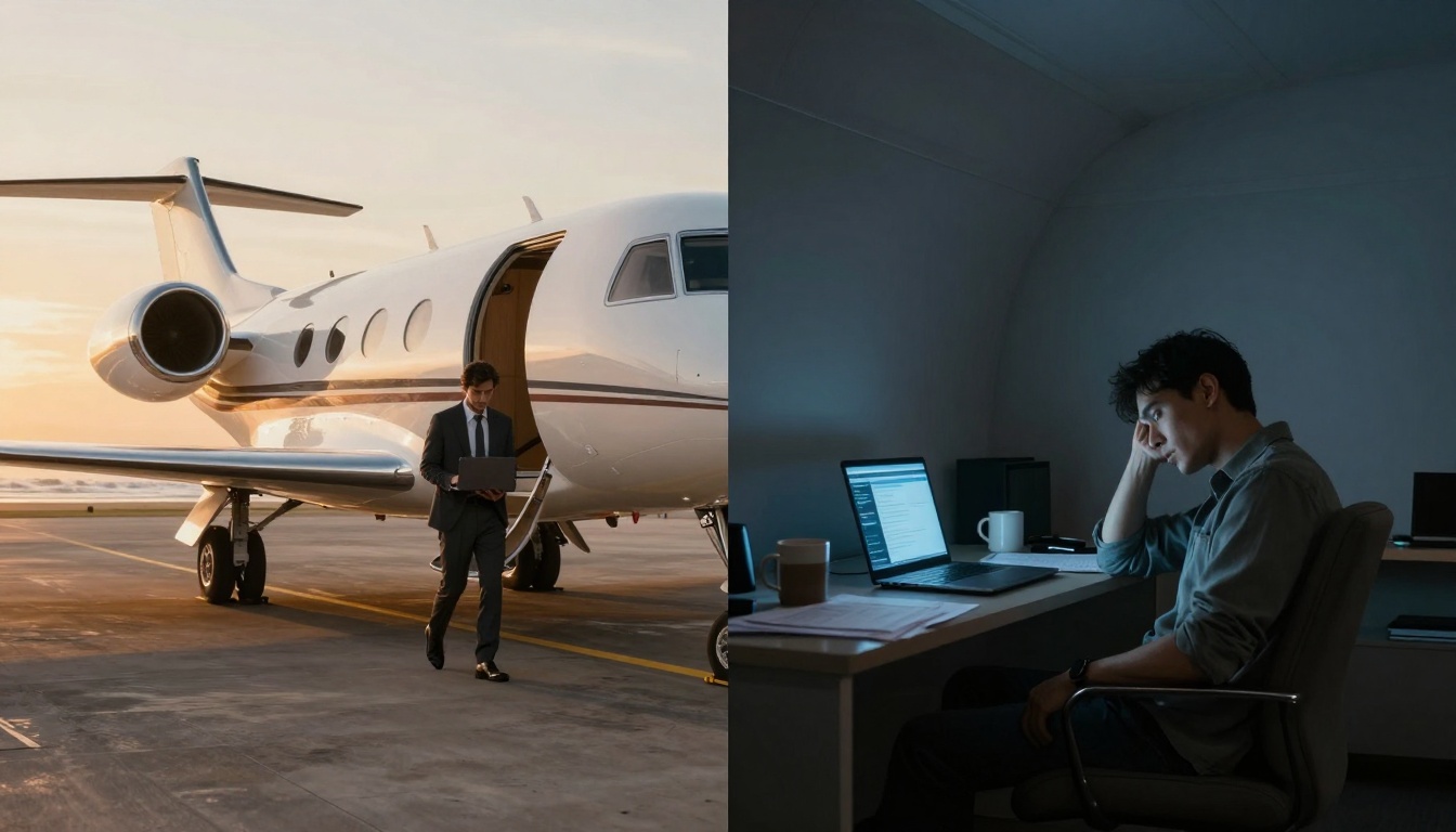 Left side: A man in a suit walks away from a private jet holding a laptop at sunset. Right side: A man in a dimly lit room sits at a desk, looking tired, in front of a laptop with a mug nearby.