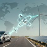 Silver electric car driving on a highway with solar panels on the right and a wind turbine on the left. Transparent world map and energy symbols in the sky.