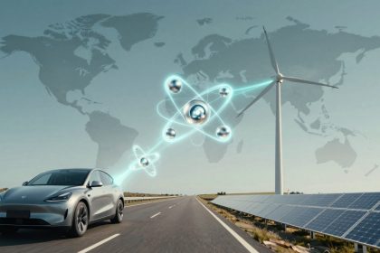 Silver electric car driving on a highway with solar panels on the right and a wind turbine on the left. Transparent world map and energy symbols in the sky.