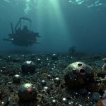 Underwater scene with a robotic submersible in the distance. Foreground features coral and spherical, perforated metallic objects scattered on the seabed. Sunlight filters through the water.