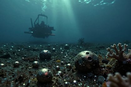 Underwater scene with a robotic submersible in the distance. Foreground features coral and spherical, perforated metallic objects scattered on the seabed. Sunlight filters through the water.