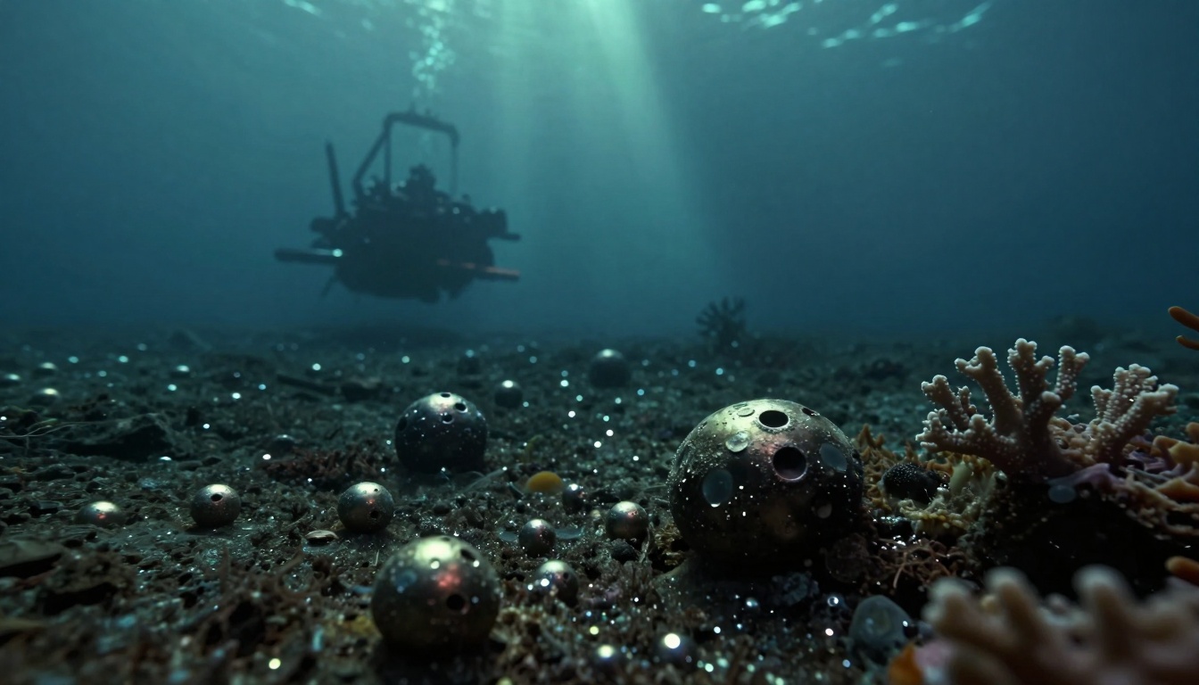 Underwater scene with a robotic submersible in the distance. Foreground features coral and spherical, perforated metallic objects scattered on the seabed. Sunlight filters through the water.