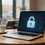 A laptop on a wooden table in a cafe displays an unlocked padlock icon. A steaming cup of coffee sits nearby. Blurred background with people and tables.