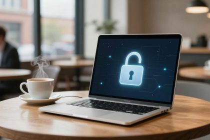 A laptop on a wooden table in a cafe displays an unlocked padlock icon. A steaming cup of coffee sits nearby. Blurred background with people and tables.