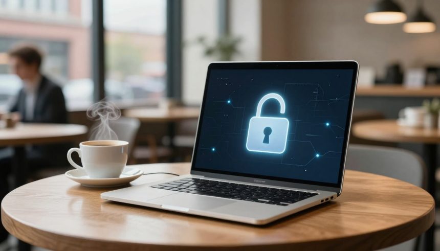 A laptop on a wooden table in a cafe displays an unlocked padlock icon. A steaming cup of coffee sits nearby. Blurred background with people and tables.