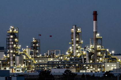 Industrial refinery at dusk with illuminated towers, pipes, and smokestacks. American and Chinese flags are visible against the evening sky.