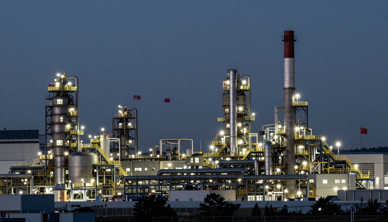 Industrial refinery at dusk with illuminated towers, pipes, and smokestacks. American and Chinese flags are visible against the evening sky.