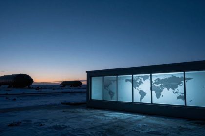 A landscape at dusk with a large illuminated map of the world displayed on a glass panel. Snow-covered ground and two large, cylindrical structures are visible, silhouetted against a gradient sky.