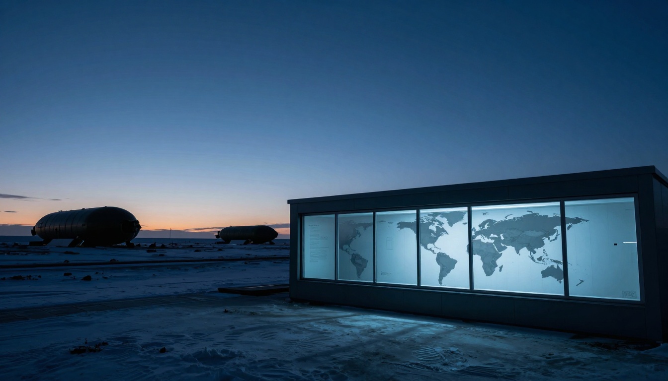 A landscape at dusk with a large illuminated map of the world displayed on a glass panel. Snow-covered ground and two large, cylindrical structures are visible, silhouetted against a gradient sky.
