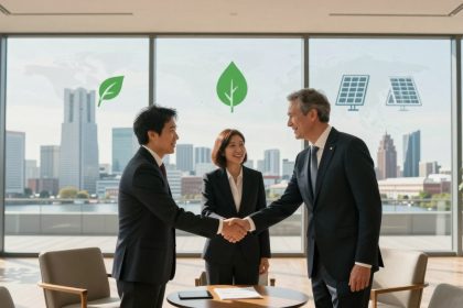Three people in business suits shake hands in a modern office with large windows. Two men are shaking hands, while a woman stands between them, smiling. Green leaf and solar panel icons are visible on the window, with a cityscape in the background.