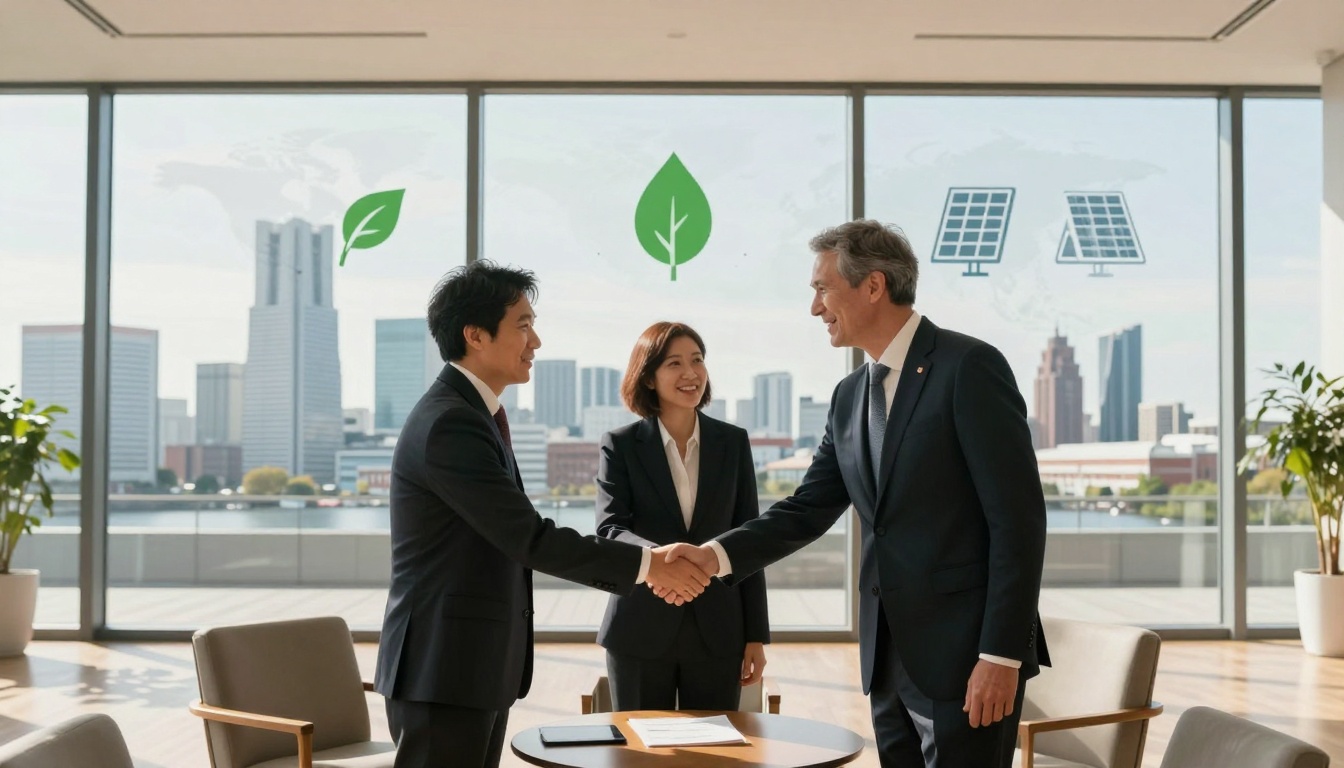 Three people in business suits shake hands in a modern office with large windows. Two men are shaking hands, while a woman stands between them, smiling. Green leaf and solar panel icons are visible on the window, with a cityscape in the background.