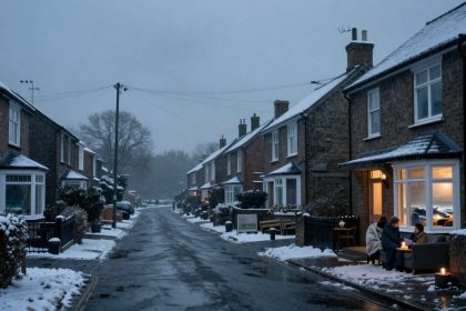 Snow-covered residential street with brick houses on either side. Two people sit on a sofa outside, lit by candlelight. Overcast sky.