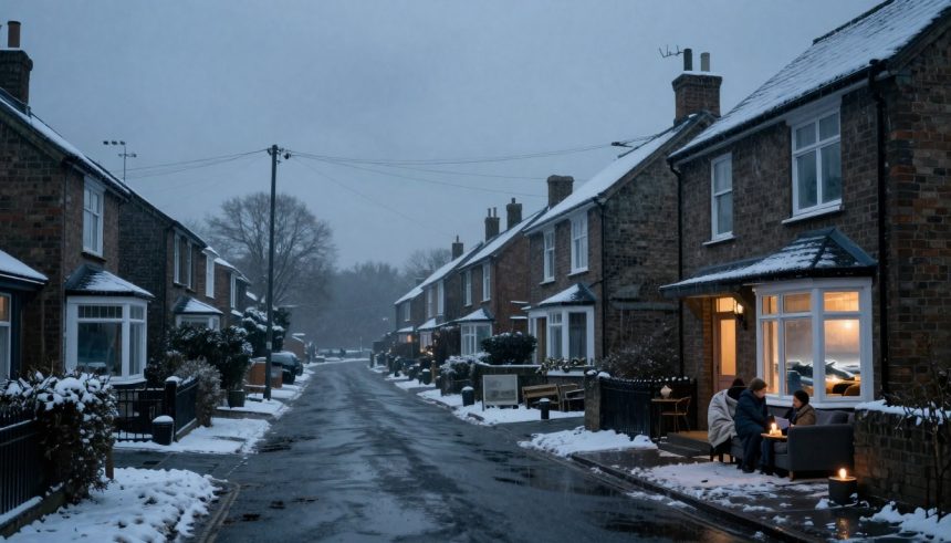 Snow-covered residential street with brick houses on either side. Two people sit on a sofa outside, lit by candlelight. Overcast sky.
