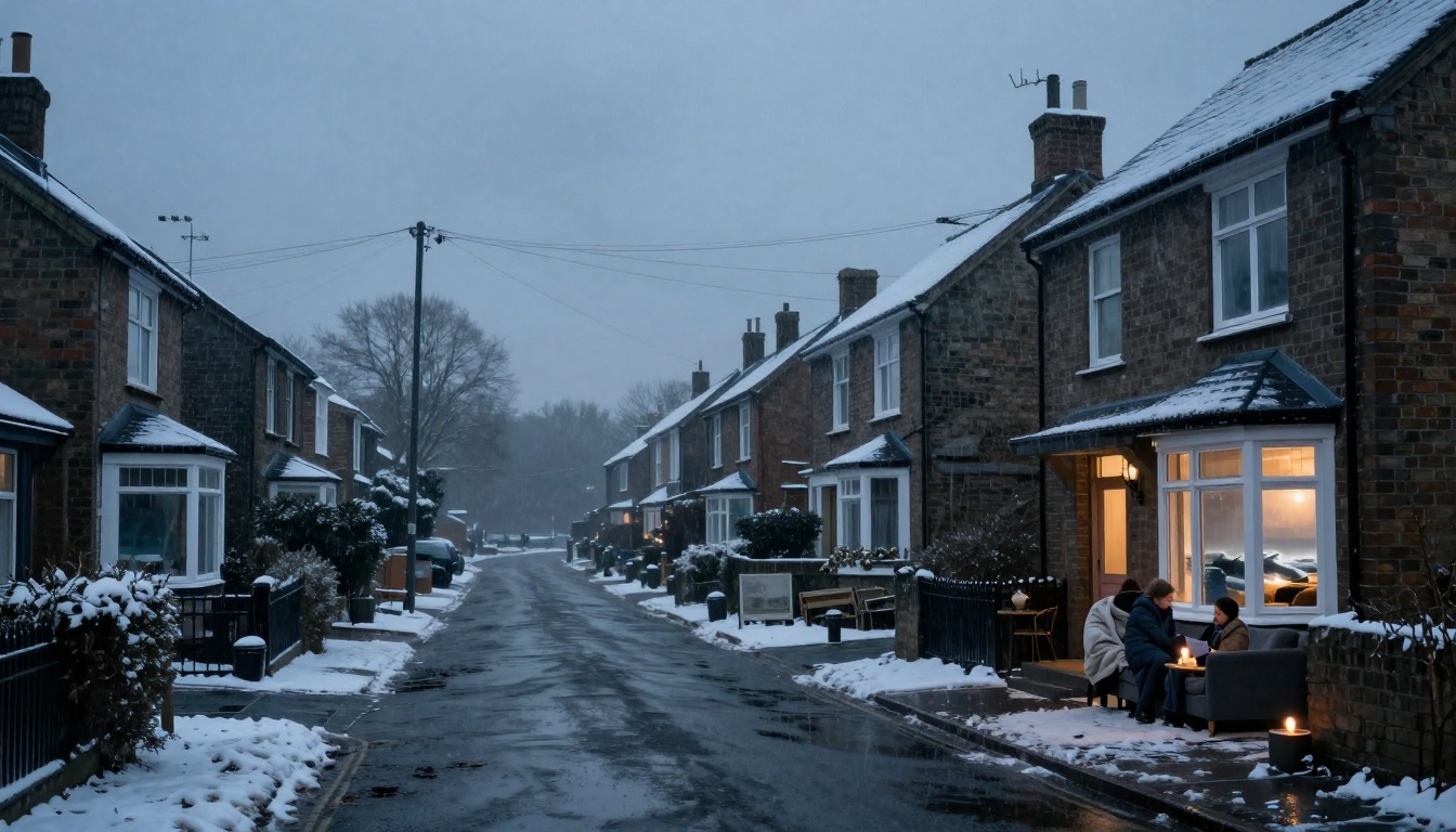 Snow-covered residential street with brick houses on either side. Two people sit on a sofa outside, lit by candlelight. Overcast sky.