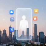 A cityscape at sunset with tall buildings. A translucent smartphone outline overlays the skyline, featuring icons for messages, documents, location, transportation, and shopping, symbolizing connectivity and digital integration.