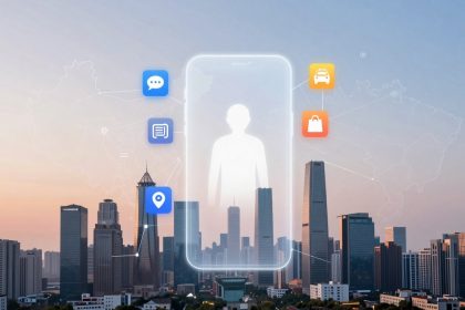 A cityscape at sunset with tall buildings. A translucent smartphone outline overlays the skyline, featuring icons for messages, documents, location, transportation, and shopping, symbolizing connectivity and digital integration.