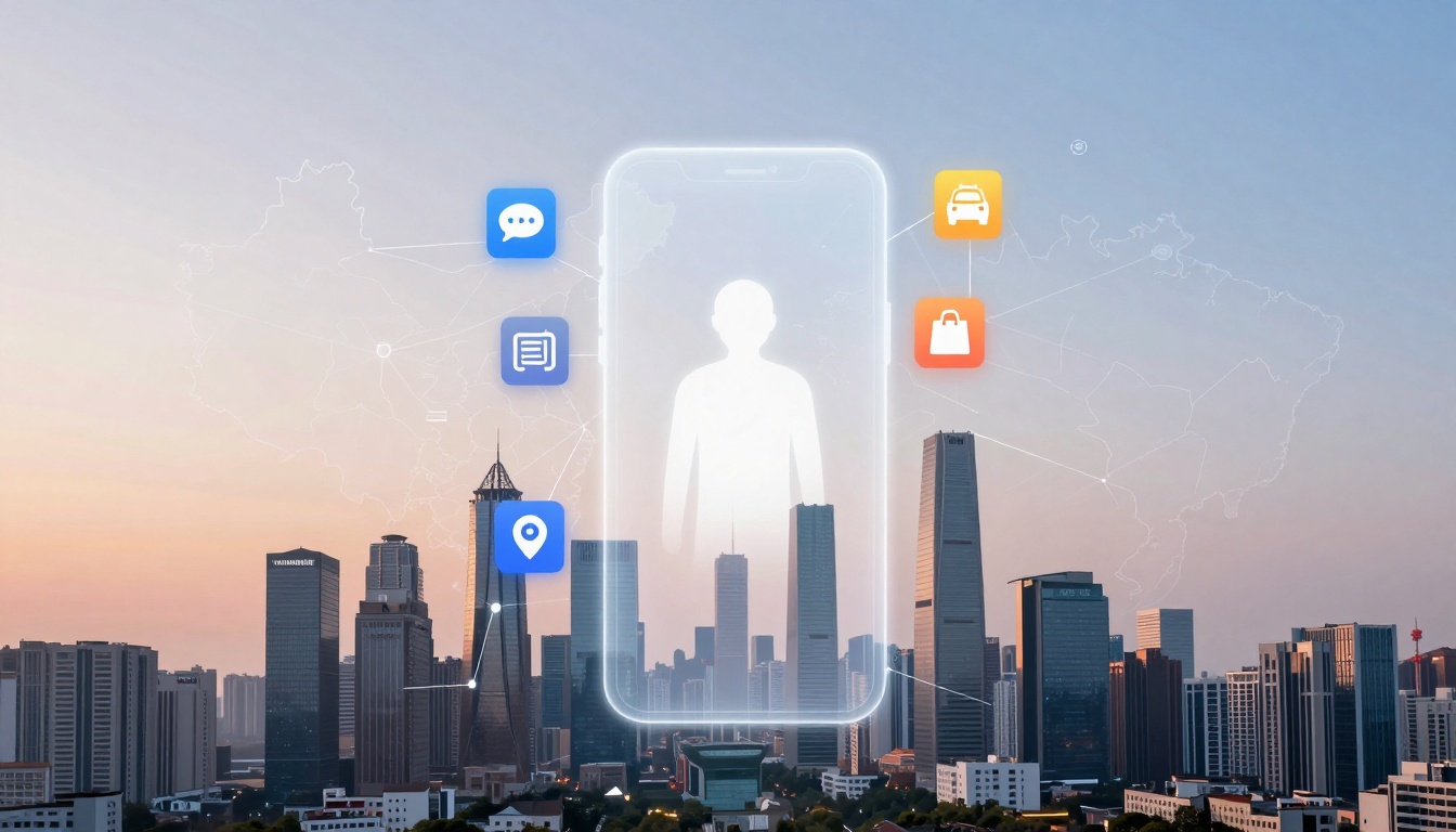 A cityscape at sunset with tall buildings. A translucent smartphone outline overlays the skyline, featuring icons for messages, documents, location, transportation, and shopping, symbolizing connectivity and digital integration.