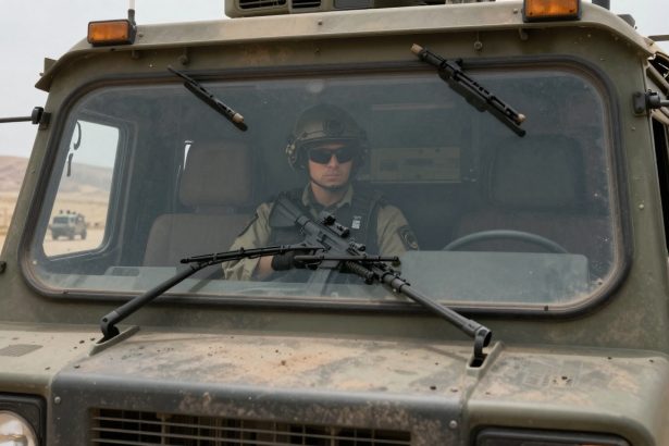 A person wearing a helmet and sunglasses sits inside a military vehicle, holding a rifle. The vehicle is on a road in a desert area.