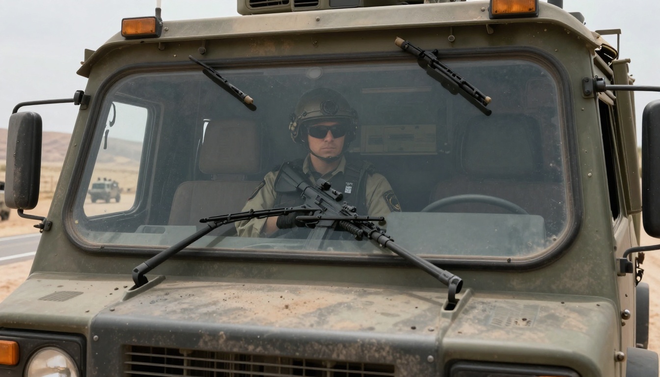 A person wearing a helmet and sunglasses sits inside a military vehicle, holding a rifle. The vehicle is on a road in a desert area.