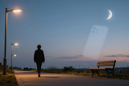 A person walks on a path at dusk under streetlights, with a bench nearby. A crescent moon is visible in the clear sky.