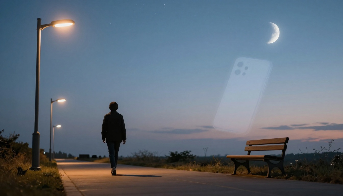 A person walks on a path at dusk under streetlights, with a bench nearby. A crescent moon is visible in the clear sky.