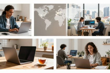 A collage of four images: Top left shows a person typing on a laptop in a kitchen. Top right features two people discussing at a table with laptops, with a city view behind them. Bottom left displays a laptop and a cup of tea on a wooden table. Bottom right shows a person smiling while working on a laptop at a desk with papers.