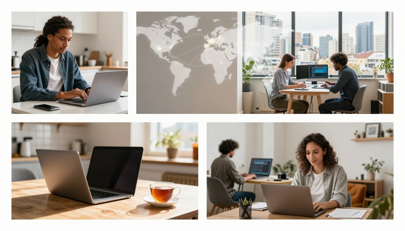 A collage of four images: Top left shows a person typing on a laptop in a kitchen. Top right features two people discussing at a table with laptops, with a city view behind them. Bottom left displays a laptop and a cup of tea on a wooden table. Bottom right shows a person smiling while working on a laptop at a desk with papers.