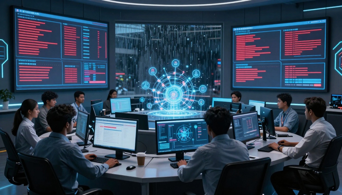 A group of people work at a control room with computers displaying data and graphics. Large screens on the walls show red and blue data. In the center, a holographic digital display projects interconnected circles and lines. The room is modern and dimly lit.